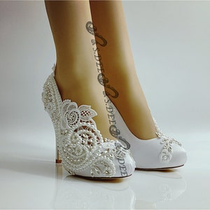 Wedding Shoes for Bride, Bridal High Low Heel, Satin Ivory White Round Closed Toe Pump Platform Handcraft Lace Rhinestones Pearl ROSEVINE