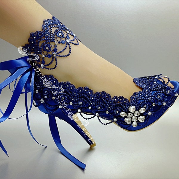 Blue Wedding Shoes for Bride S.DEE Rose Metallic Blue Gold Silver Satin Peep Open Toe Heel Wedges Platform Bridal Lace Rhinestones Handmade