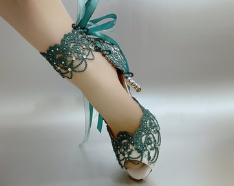 Wedding Shoes for Bride S.DEE Emerald Green Turquoise Ivory White Handmade ClassicPattern Ribbon Anklet Satin Peep Open toe Heel Bridal Lace