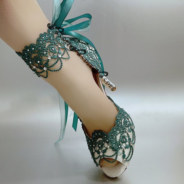 Wedding Shoes for Bride S.DEE Emerald Green Turquoise Ivory White Handmade ClassicPattern Ribbon Anklet Satin Peep Open toe Heel Bridal Lace