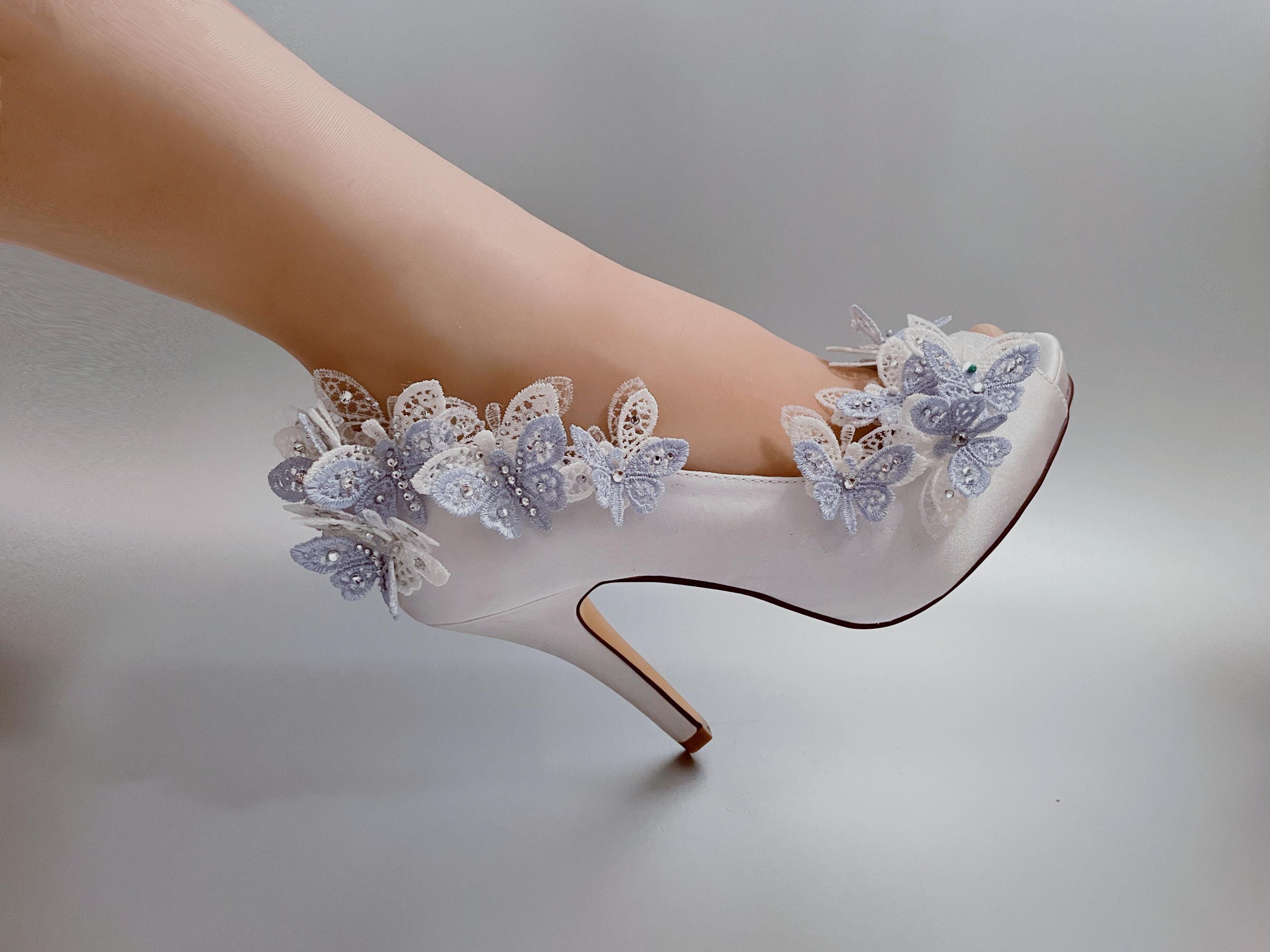 Wedding Shoes Bride Satin Dusty Blue Peep Open Toe Heel Platform Bridal Lace Summer Rhinestone Ivory White Multi-Color layers 3D butterflies