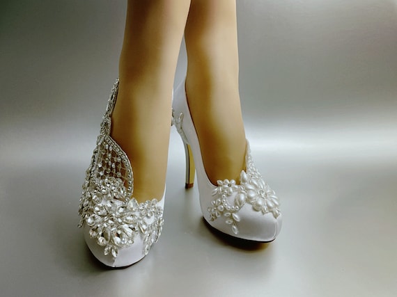 Wedding Shoes for Bride Bridal Heel Embellished Handmade Unique Ivory White Satin Closed Toe Peep Platform Handcraft Lace Pearl Rhinestone Etsy Canada