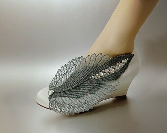 Wedding shoes Wedge for Bride, Bridal Low Heel,Ivory White Handmade Metallic Jade Green Red Feather Shining Lace Closed Toe Satin Engagement