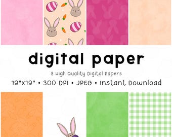 May include: Eight digital papers featuring Easter-themed patterns. The patterns include bunnies, eggs, carrots, and gingham. The papers are 12 inches by 12 inches and 300 DPI.