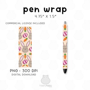 May include: A digital download of a pen wrap design featuring a repeating pattern of cartoon bunnies, carrots, and Easter eggs. The design is 4.75 inches by 1.5 inches and is available for commercial use.