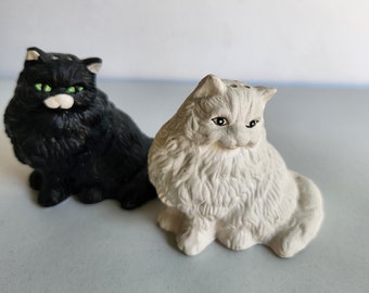 Vintage from the 1990's Hand Painted Ceramic Persian Cat Salt and Pepper Shakers, Black and White