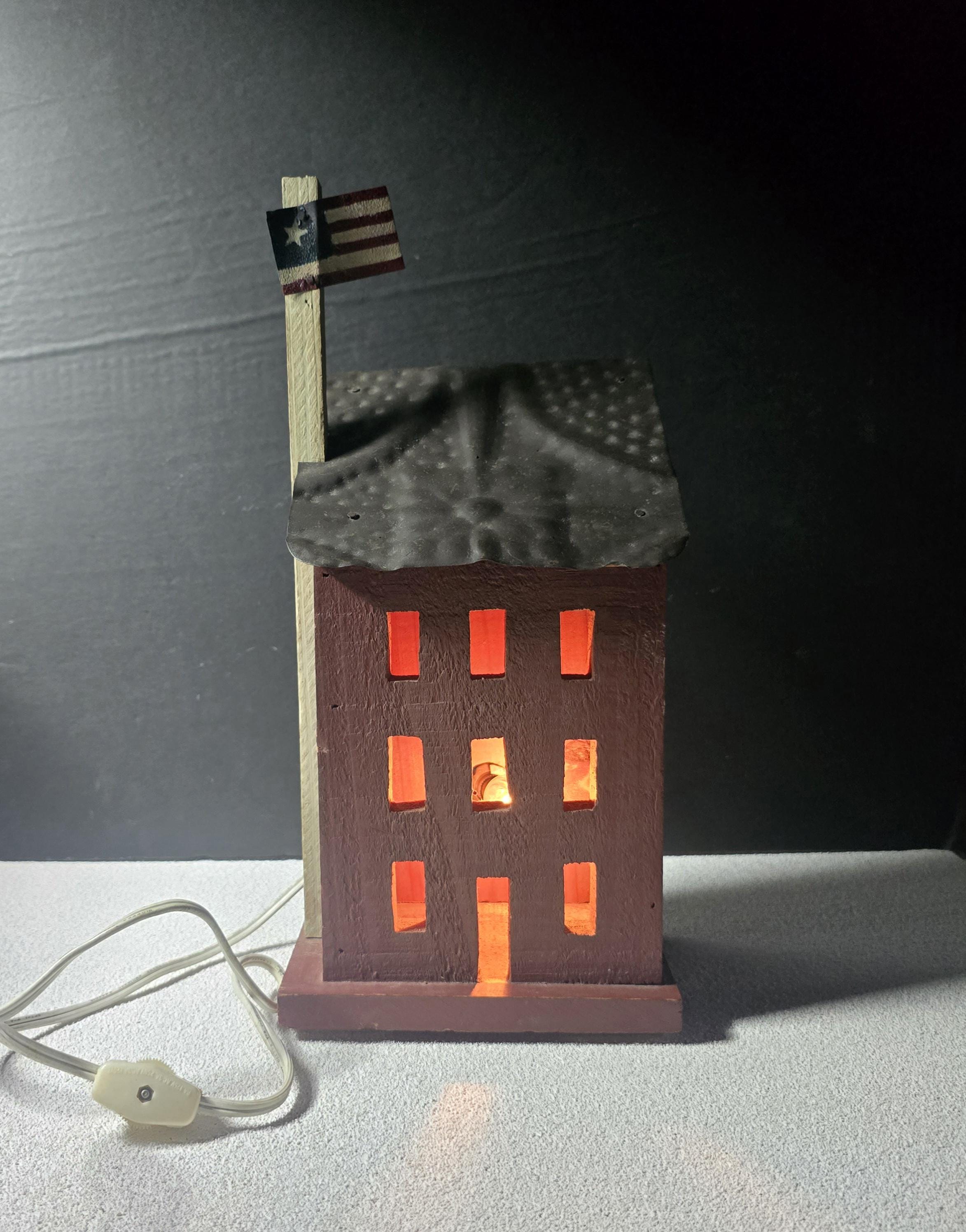 Vintage Hand Made Primitive Wooden and Metal Rustic Lighted Salt Box House with Flag