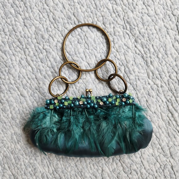 Rare Find Vintage Emerald Green Satin Bag with Be… - image 3