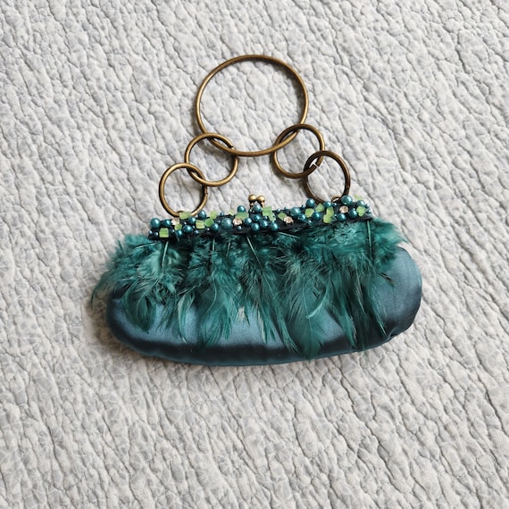 Rare Find Vintage Emerald Green Satin Bag with Be… - image 1