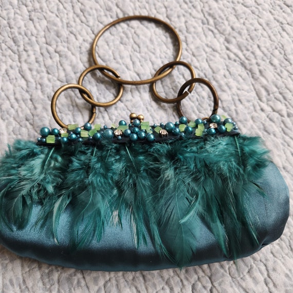 Rare Find Vintage Emerald Green Satin Bag with Be… - image 4