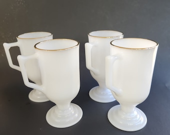 Rare Vintage Federal Milk Glass Irish Pedestal Coffee Mugs with Gold Rim, Set of 4