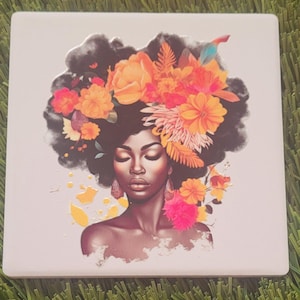 Black Girl Magic Ceramic Coaster: Floral Afro Art