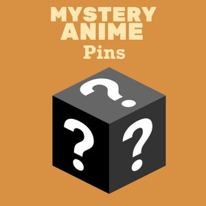 May include: A black cube with white question marks on each side. The cube is on a solid orange background. The text "MYSTERY ANIME Pins" is above the cube.