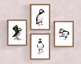 Puffin Art Print Set, Large Bird Paintings A4, A3, Puffin Poster, Puffin Wall Art, Nursery Puffin Pictures Christmas Gift, Puffin Lover Gift