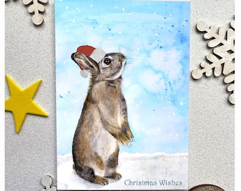 Rabbit Christmas Card, Santa Bunny Card, Rabbit at Christmas, Christmas glitter Snow Bunny, Rabbit in snow, Special Rabbit Christmas Card
