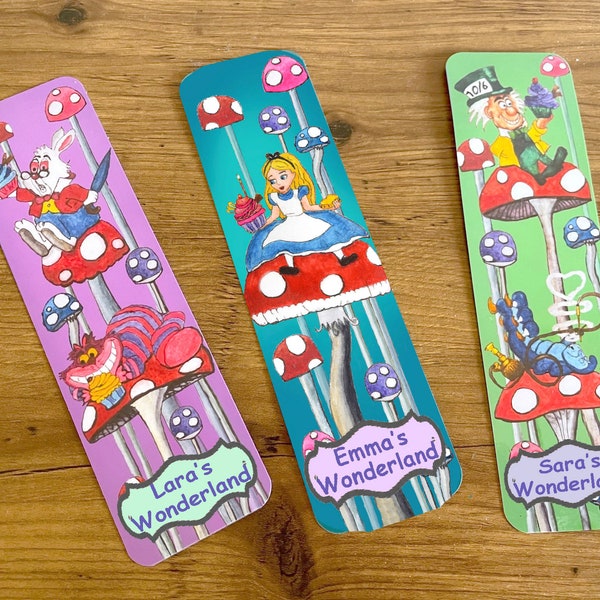 Alice in Wonderland personalise Bookmarks, Add a Name Gift, Cheshire Cat Bookmark Set, Mad Hatter Book lovers gift, White Rabbit Page Marker