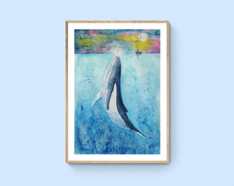 Impression de baleine, Affiche de baleine à l’aquarelle, Impression d’art de baleine de vie marine, Baleine sous-marine, Art de pépinière, Baleine bleue, Baleine et bateau de pêche, marine