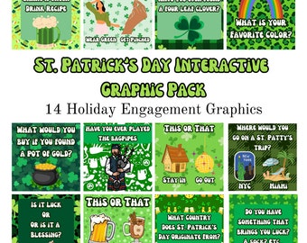 Paquete gráfico del Día de San Patricio, publicaciones de participación del Día de San Patricio para redes sociales, publicaciones de Instagram y Facebook, gráficos interactivos