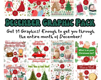 Paquete gráfico festivo de diciembre, 31 gráficos interactivos para Facebook y redes sociales, gráficos navideños, publicaciones en redes sociales, publicaciones de Instagram