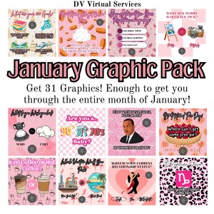 May include: A pink and white graphic pack with 31 images for January. The images include a variety of themes, such as New Year's resolutions, Martin Luther King Jr. Day, National Pie Day, and the zodiac sign Capricorn.