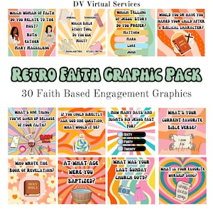 May include: A collection of 16 retro-style graphics with faith-based questions and prompts. The graphics feature colorful backgrounds, text, and illustrations, including questions about Bible verses, faith, and church. The text "Retro Faith Graphic Pack" is displayed.