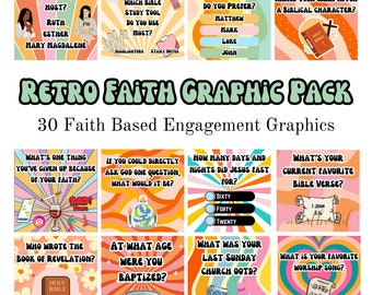 Paquete gráfico basado en la fe con temática retro, publicaciones de participación inspiradas en la fe para redes sociales, publicaciones de Instagram y Facebook, gráficos interactivos