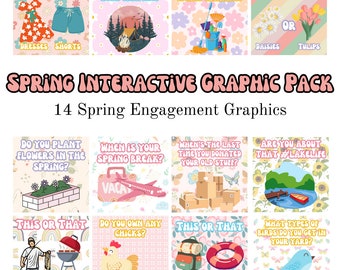Paquete gráfico de primavera, publicaciones de participación de primavera para redes sociales, publicaciones de marzo y abril, publicaciones de Instagram y Facebook, gráficos interactivos