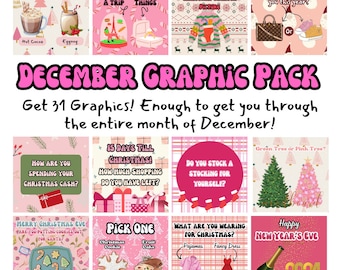 Paquete gráfico de diciembre, 31 gráficos interactivos para Facebook y redes sociales, gráficos rosados navideños, publicaciones en redes sociales, gráficos navideños