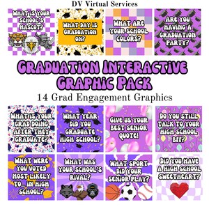 May include: A set of 14 purple and pink graduation themed graphics with text prompts for social media engagement. The text includes questions like "What is your school's mascot?" and "What year did you graduate high school?"