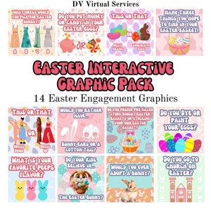 May include: A set of 14 printable Easter-themed graphics for social media. The graphics feature questions and prompts for engaging with followers, such as "What dress would you pick for Easter Sunday?" and "Do you dye or paint your eggs?"