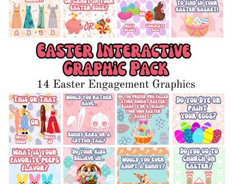 Paquete gráfico de Pascua, publicaciones de compromiso de primavera y Pascua para redes sociales, publicaciones de Instagram y Facebook, gráficos interactivos para Pascua