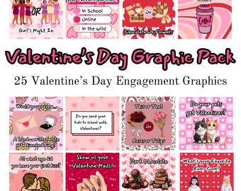 Paquete gráfico del Día de San Valentín, 25 gráficos de redes sociales, publicaciones de compromiso, publicaciones de Facebook e Instagram, gráficos de febrero, V-Day, Día del Amor