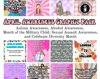 Paquete gráfico de concientización de abril, concientización sobre el autismo, concientización sobre el alcohol, mes del niño militar, concientización sobre la agresión sexual y diversidad