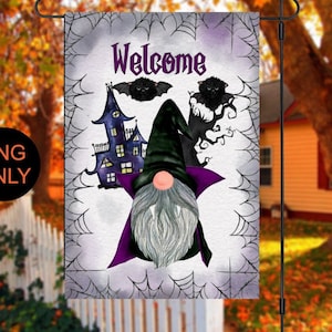 Halloween garden flag design, sublimation design, Dracula gnome with bats, spider webs, Welcome