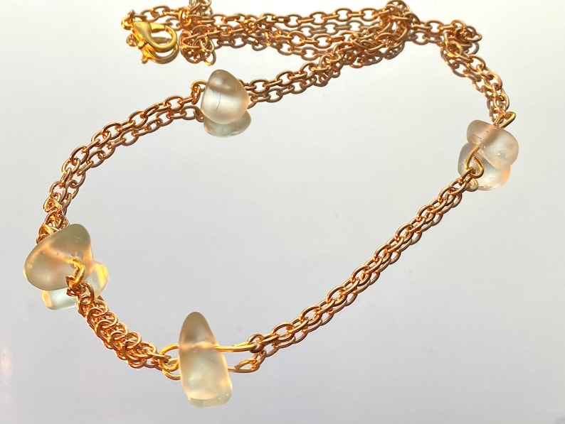 Light blue sea glass bead gold chain necklace adjustable Handmade