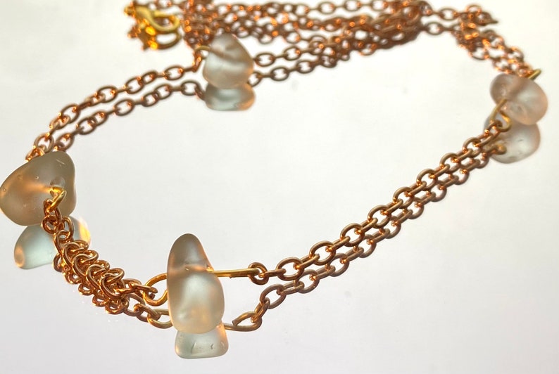 Light blue sea glass bead gold chain necklace adjustable Handmade