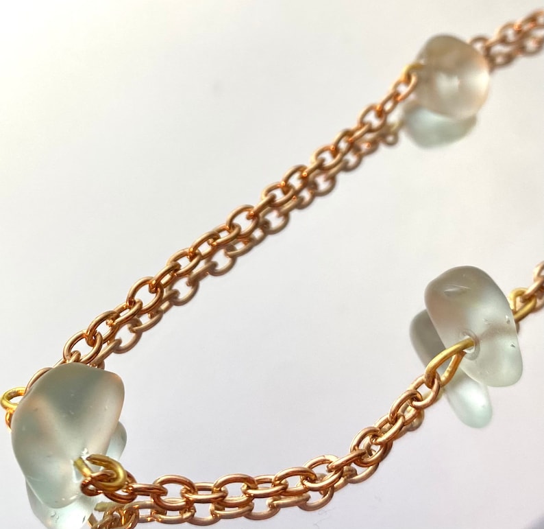 Light blue sea glass bead gold chain necklace adjustable Handmade