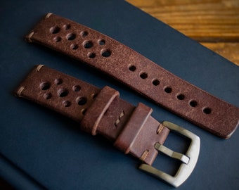 Handgjort "Racing" klockarmband | Specialdesignat rallyarmband, läderarmband | 17 mm 18 mm 19 mm 20 mm 21 mm 22 mm 23 mm 24 mm | Lyxigt armband