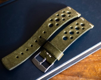 Handgjort "Racing" klockarmband | Specialdesignat rallyarmband, läderarmband | 17 mm 18 mm 19 mm 20 mm 21 mm 22 mm 23 mm 24 mm | Lyxigt armband