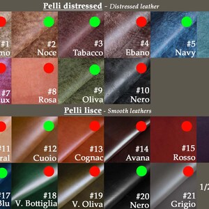 K&ouml;nnte beinhalten: Farbtafel mit Lederproben, darunter distressed und glattes Leder, mit Nummern und Namen. Die Farben reichen von Beige, Braun und Marineblau bis hin zu Rosa, Rot und Schwarz. Der Text "Pelli distressed - Distressed leather" und "Pelli lisce - Smooth leathers" ist sichtbar.