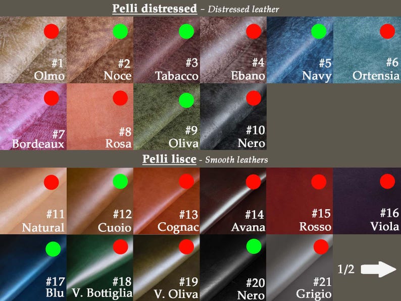 K&ouml;nnte beinhalten: Farbtafel mit Lederproben, darunter distressed und glattes Leder, mit Nummern und Namen. Die Farben reichen von Beige, Braun und Marineblau bis hin zu Rosa, Rot und Schwarz. Der Text "Pelli distressed - Distressed leather" und "Pelli lisce - Smooth leathers" ist sichtbar.