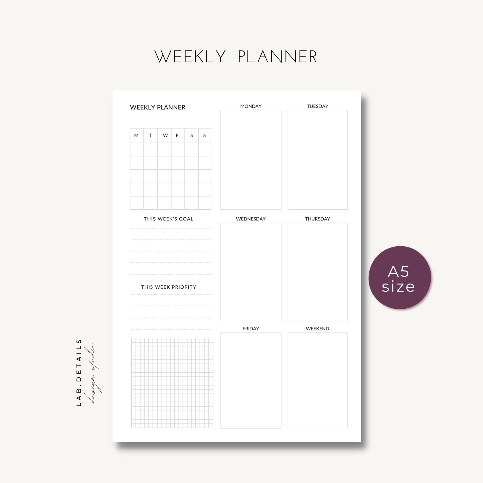 Week on One Page Printable A5 Inserts Weekly 1 Page Undated | Etsy