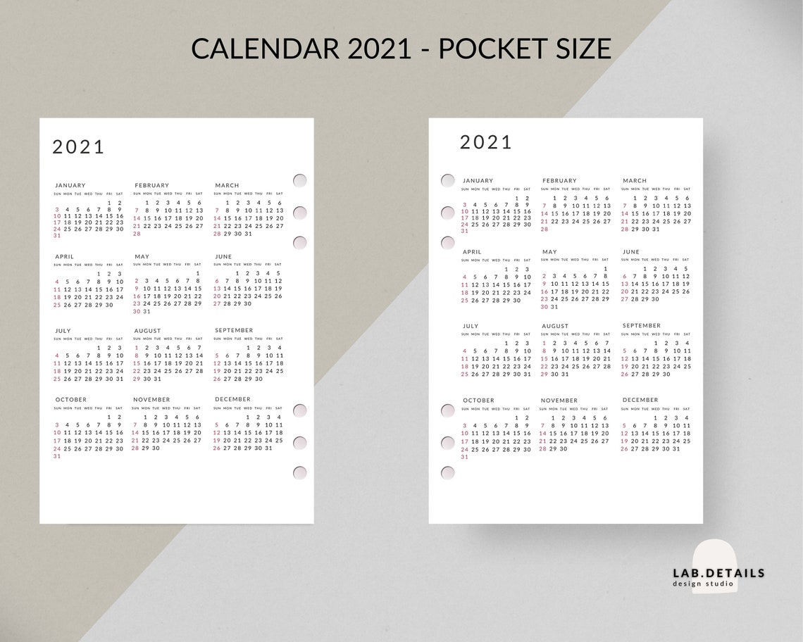Pocket size Calendar Printable 2021 Calendar Sunday Monday | Etsy