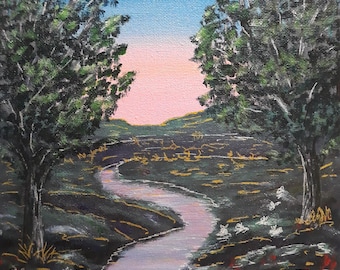 River at Dusk Impressionist Acrylic Painting, Dusky Twilight Art on 10x8 inch stretched canvas