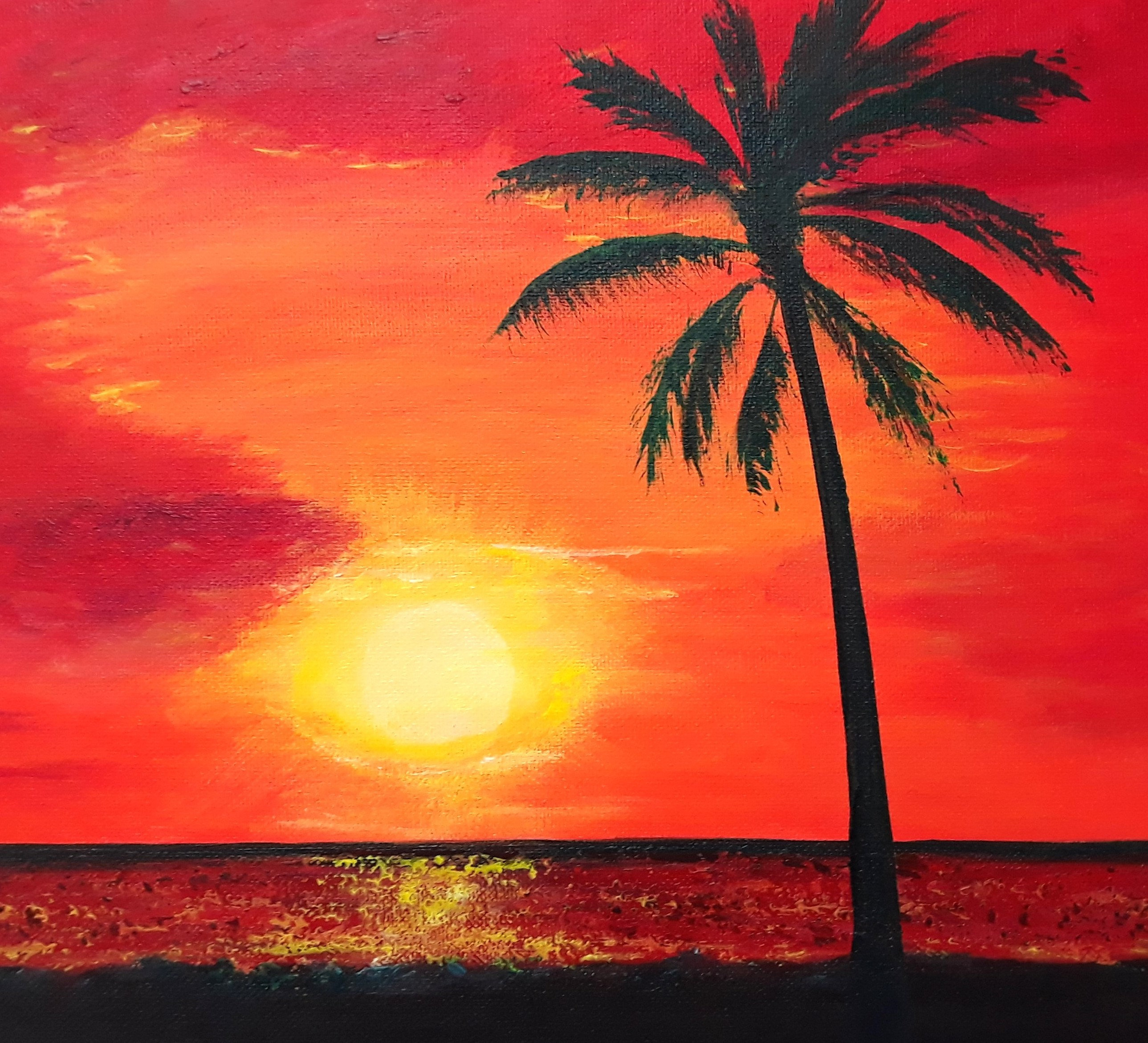 Orange Sunset Impressionist Painting, Seascape Acrylic Art on