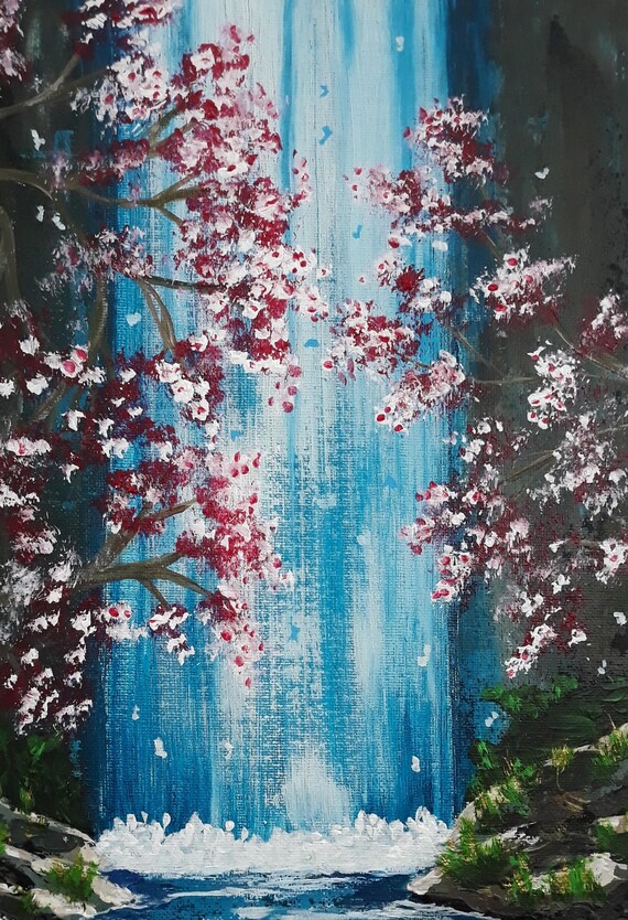 Rustic Waterfall Impressionist Painting, Waterfall Acrylic Art on