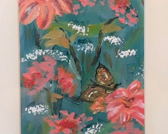 Fiori rosa con farfalla - dipinto acrilico originale
