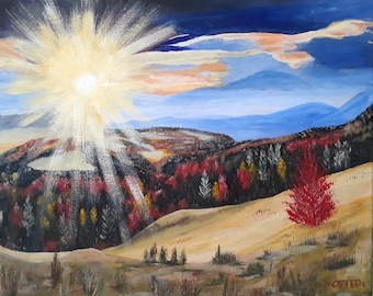Mountain Sunrise Impressionist Painting, Rugged Country Acrylic Landscape on 16x20 inch Stretched Canvas