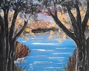 Pintura acrílica impresionista de una puesta de sol en Bay Cove, arte crepuscular sobre lienzo estirado de 10 x 8 pulgadas.