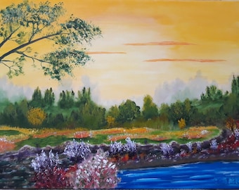 Pintura acrílica de paisaje rural, arte impresionista al amanecer (30 x 40 cm)